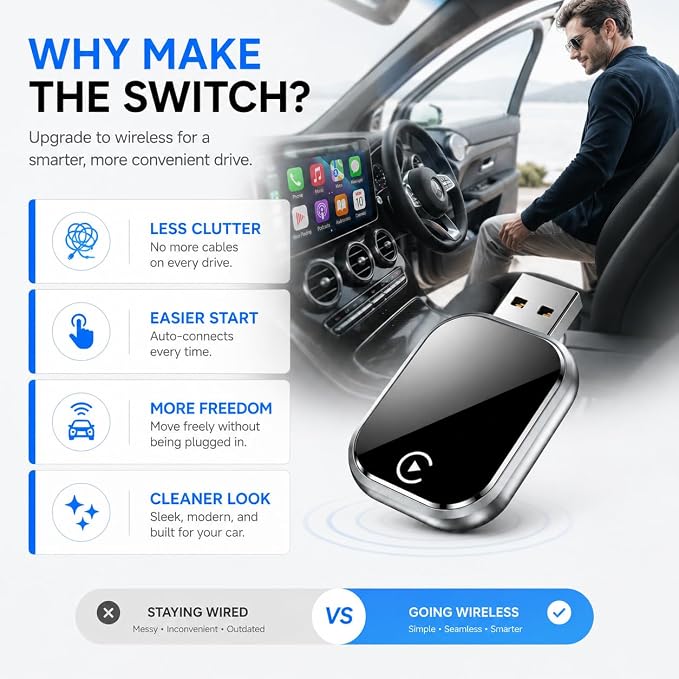 Wireless Carplay and Android Auto Carplay Adapter forCars,Plug and Play Bluetooth Connection, Supports Low LatencyAudio and Stable Navigation Experience, Compatible wthios10+&Android 11+