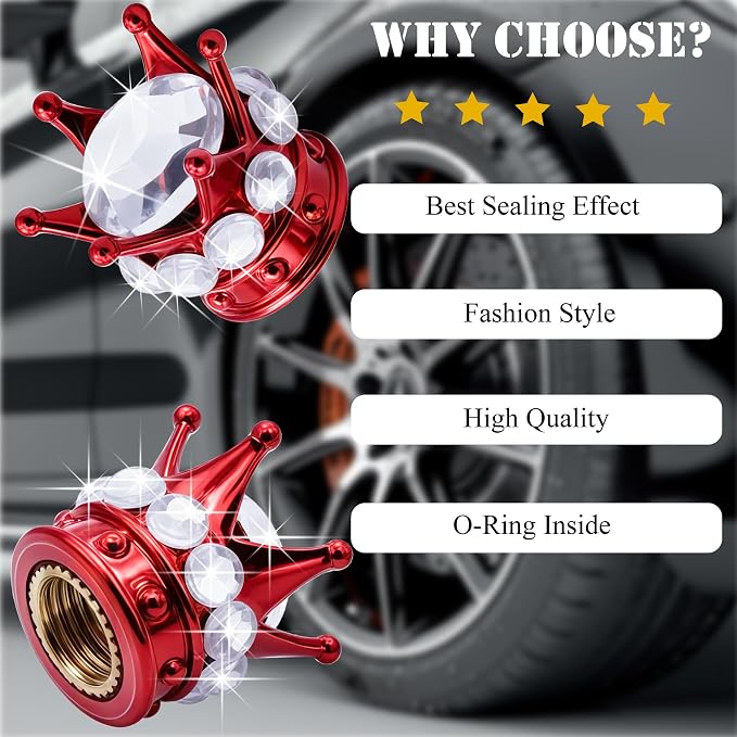 4PCS Crown Bling Tire Stem Valve Caps, Crystal Diamond Car Wheel Tire Valve Caps Universal Copper Core Stem Covers for Cars, SUV, Trucks, Bikes, Motorcycles, Bicycles (Red & Silver)