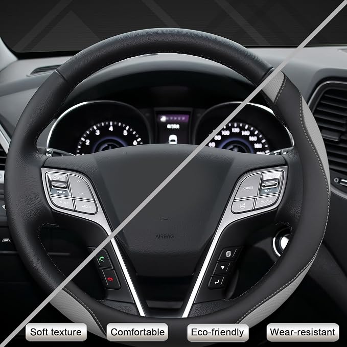 Customized Auto Car Steering Wheel Cover for Hyundai,Tucson,Sonata,Elantra,Santa Fe,Genesis,Sonata Hybrid,Azera,Venue,Kona, 14.5-15 inches(Black+Gray - Standard Size)