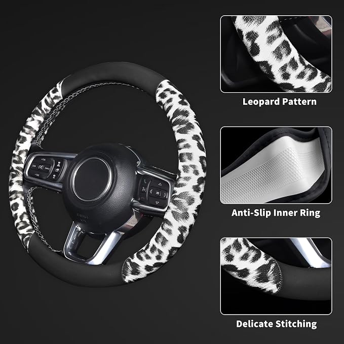 White Leopard Steering Wheel Cover, Universal 14.5-15 inch Breathable Microfiber Leather Anti-Slip Car Steering Wheel Protector for Women Men,Fit for Most Car, Trucks, SUV