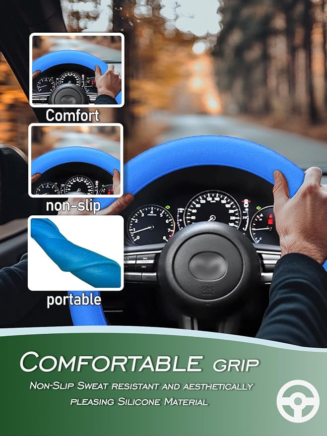 Car Steering Wheel Cover, Non-Slip Silicone Material, Multiple Color Choices, Universal Auto Parts Steering Wheel Cover, Suitable for Most Cars (Blue)