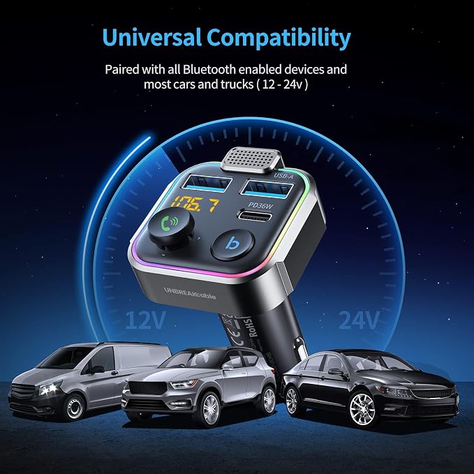 Bluetooth FM Transmitter for Car, PD 38W Fast Charging, Wireless Bluetooth FM Radio Adapter, Car Kit with Hands-Free Calls, HiFi Bass Boost MP3 Music Player Support USB Drive