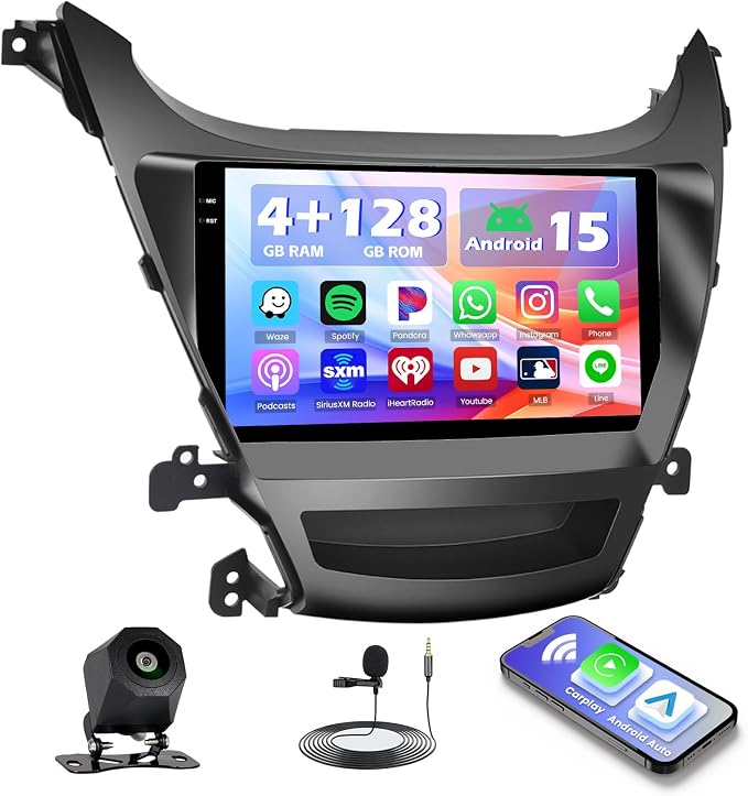 4+128G Android 15 Car Stereo for Hyundai Elantra 2014-2016, 9” Touchscreen Radio with CarPlay, Android Auto, Bluetooth, GPS Navigation, WiFi, DSP, FM, RDS + AHD Backup Camera