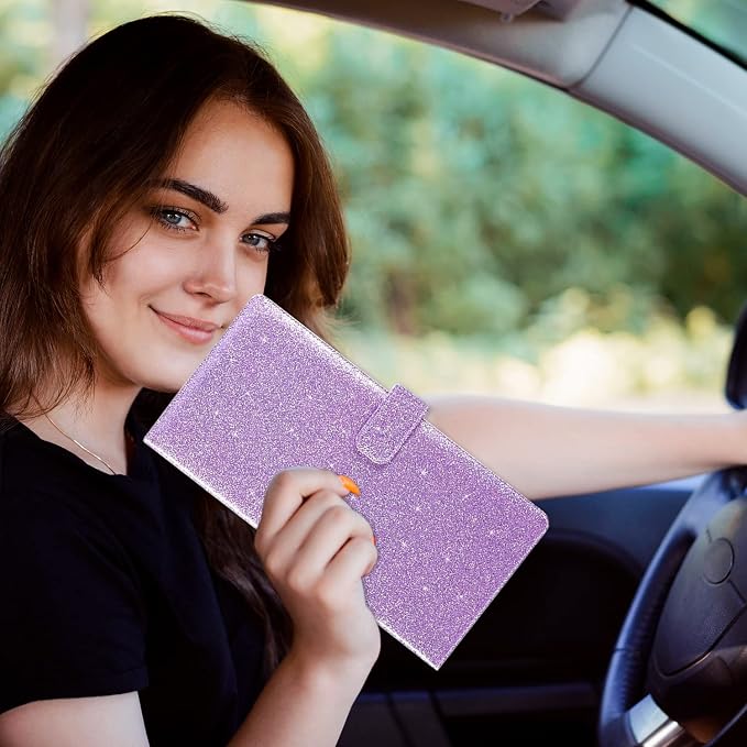 Car Registration and Insurance Holder, Vehicle Car Glove Box Organizer, Cool Car Accessories for ID, Driver License Cards & Essential Document, Men&Women, Purple Glitter