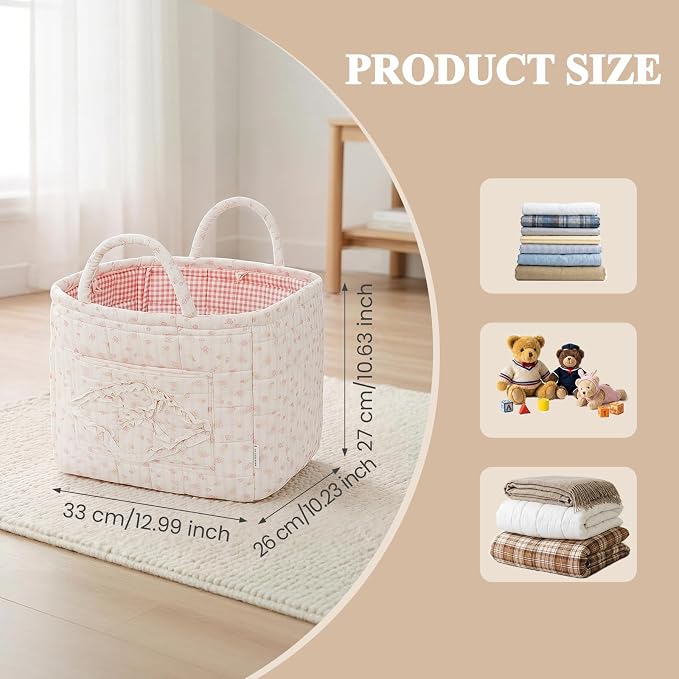 Floral Fabric Storage Basket Car Interior Storage Basket Underwear Sundries Laundry Baskets Supplies Home Organizer Bag (pink+white bow)