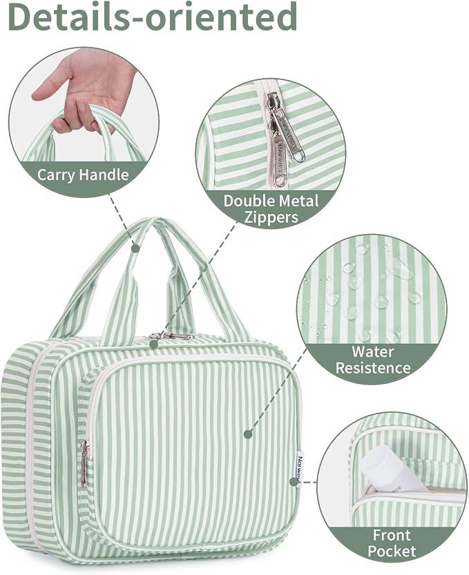 Striped Hanging Toiletry Bag for Women Travel Makeup Bag Organizer Toiletries Bag for Travel Size Essentials Accessories Cosmetics (Mint Green Stripe (Medium))