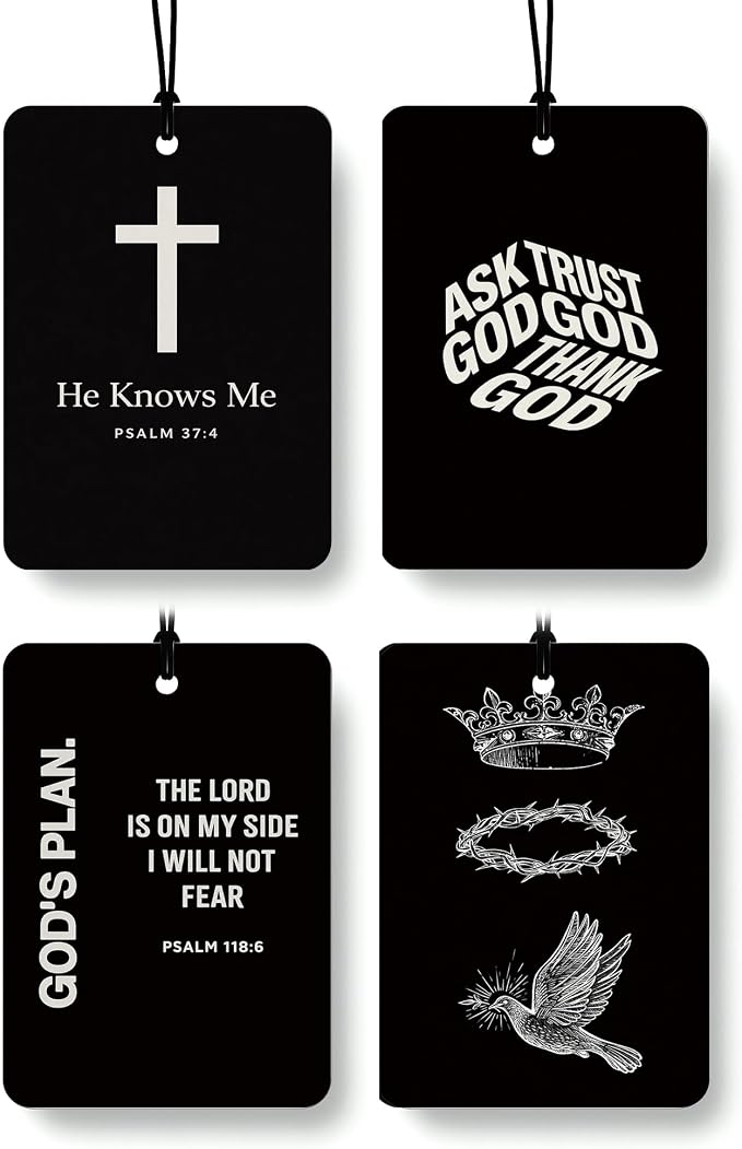 Black Christian Car Air Freshener 4 Pcs Coconut Scented, God Cross Crown Religious Faith Car Accessories Mirror Decor for Women, Christian Hanging Air Freshener for Cars Closet Drawer Books