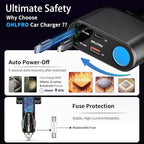 Retractable Car Charger Cigarette Lighter Adapter, 168W 5 in 1 Fast Phone Charging Built-in Replaceable Fuse, Socket Splitter with USB C and USB i Cord, Fit for Phone iPad Galaxy GPS, Black