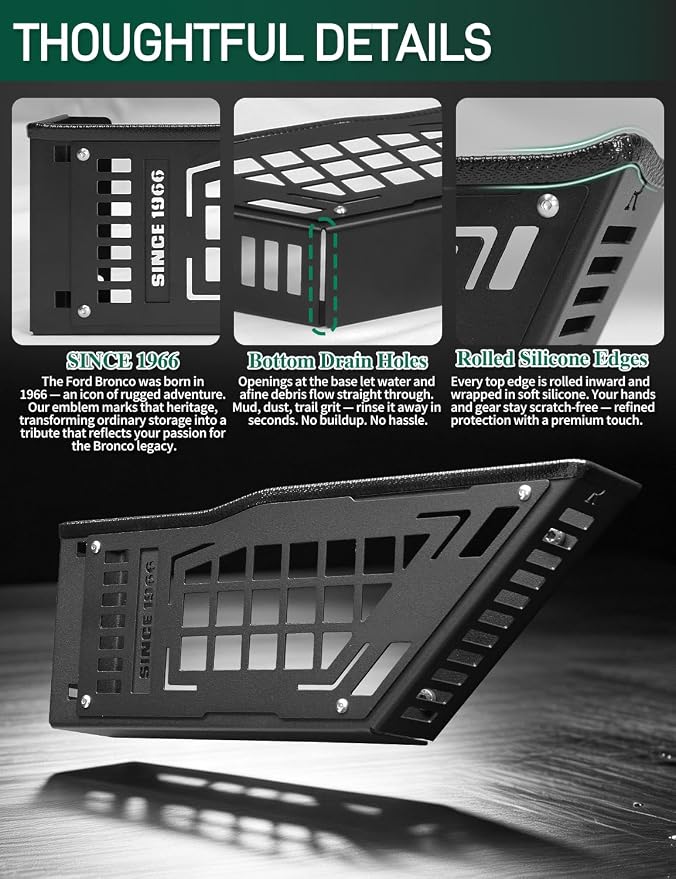 20% Larger Capacity Stamped Steel Bronco Door Storage Pockets with Hidden Internal Screws for Ford Bronco 2021-2026 4-Door, Skeletonized Metal Front & Rear Door Cup Holder Organizer Box（4PCS）