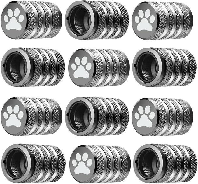 Tire Valve Stem Caps Cover - (12 Pack) Tire Air Caps Metal with Plastic Liner Corrosion Resistant Leak-Proof Dog Paw Print for Car Truck Motorcycle Bike Grey
