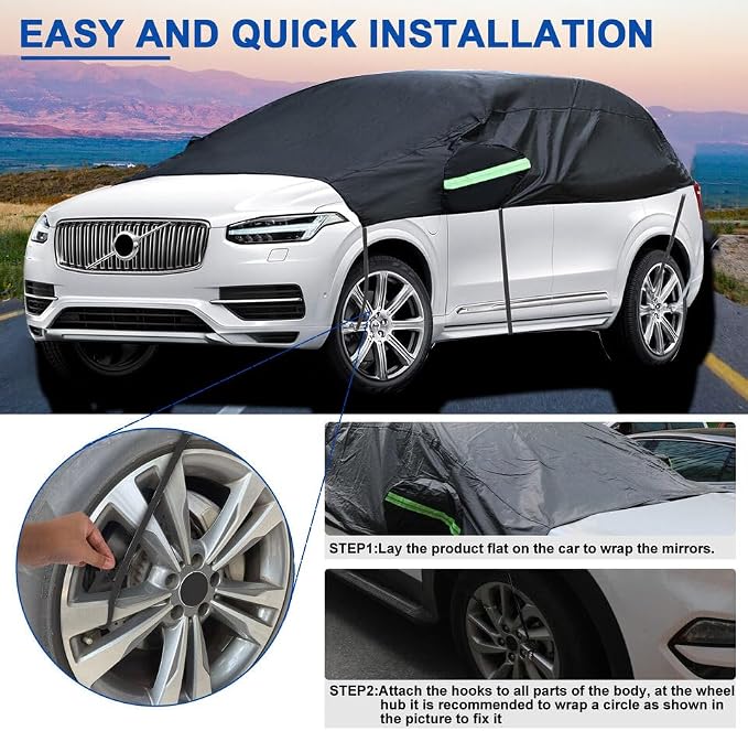 Universal SUV Half Car Cover Waterproof All Weather, Hail Protector Car Body Covers Outdoor Indoor for All Season Windproof Dustproof UV Resistant Snowproof Protect Your Windshield and Roof