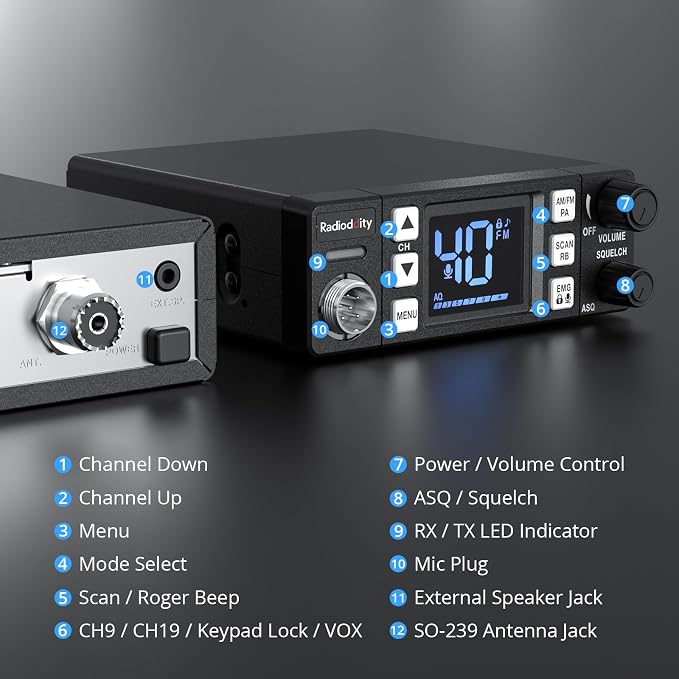 CB-606 CB Radio, 40 Channel Mobile CB Radio with AM/FM/PA Modes, 2.2’’ LCD Screen, Instant Channel 9/19, VOX, Roger Beep, TOT, ASQ/SQ, for Off-Road Adventure