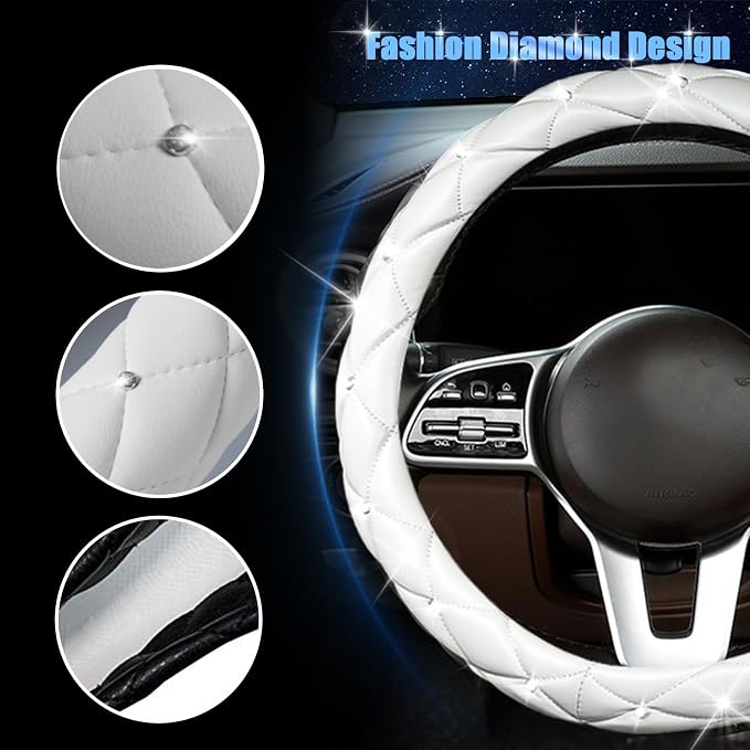 Steering Wheel Cover, Auto Cute PU Diamond Bling Breathable Soft Comfort Leather Car Interior Accessories Sparkly Fit Most O-Shaped Steering Wheels for Women Men (White)