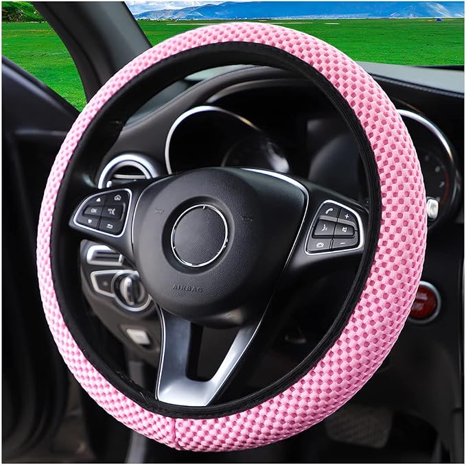 Moly Magnolia Elastic Stretch Steering Wheel Cover, Universal 15 Inch Auto Steering Wheel Cover, Microfiber Breathable Ice Silk, Anti-Slip, Odorless,Warm in Winter and Cool in Summer (Pink)