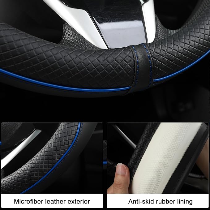 Microfiber Leather Car Steering Wheel Cover for Honda Accord Civic CR-V HR-V Pilot Fit Passport Odyssey,Sport Style,14.5-15 inch (Black+Blue Line-Standrad Size)