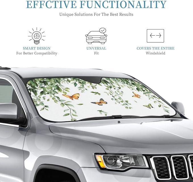 Windshield Sun Shade Botanical Leaf Butterfly Watercolor Car Front Window Sunshade Cover for Truck SUV Blocks UV Rays Automotive Visor Interior Protector 55 x 30 inch