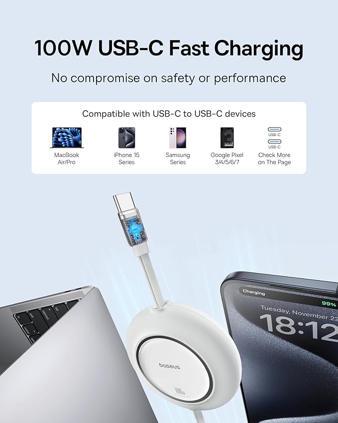 USB C to USB C Cable, 100W 6.6ft Retractable USB C Fast Charging Cable, 7-Stage Length Preset Retractable Charger Cord for iPhone 16 15 Pro Plus Pro Max, MacBook, iPad Pro, Samsung S24/S23+