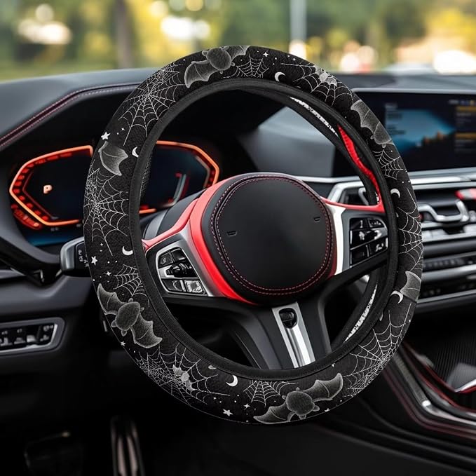 Automotive Steering Wheel Covers for Driver Universal 14 to 15 in | Bat Spider Web Print Steering Wheel Protector with Cloth for Women, Keep Warm Comfort Grip, Sweat Absorption Neoprene