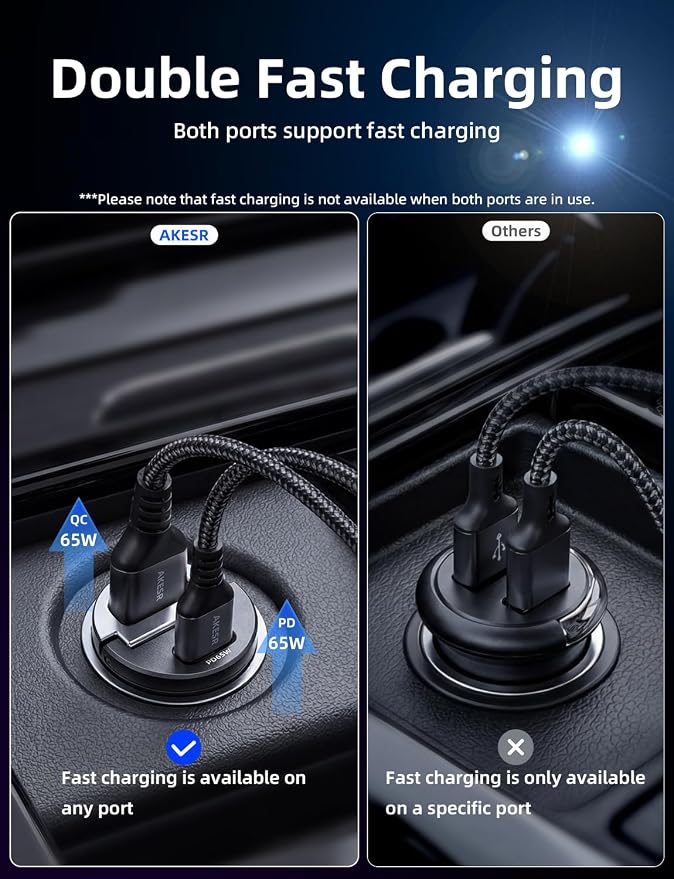 65W USB C Car Charger Fast Charging，12V USB Outlet Accesorios para Carro，Cigarette Lighter USB Charger，Car Phone Charger for iPhone/17/16/15/14/13 Samsung S25 S24 S23Google Android
