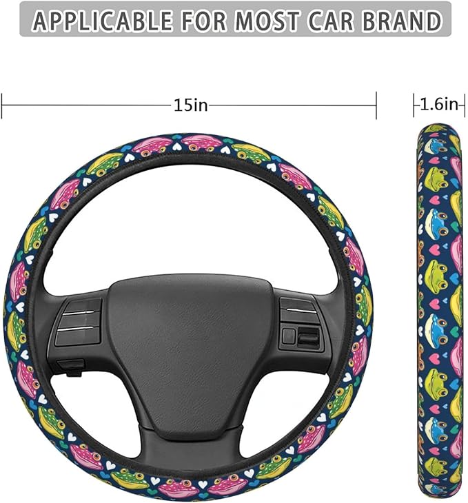 Cartoon Frog Love Steering Wheel Covers Anti-Slip Elasticity Car Accessories Steering Wheel Protector Universal 15 Inch for Cars SUV Vehicle Truck