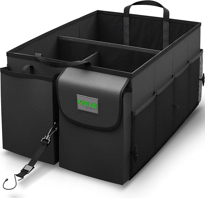 Car Trunk Organizer - Collapsible, Multi-Compartment Automotive SUV Car Organizer for Storage w/Adjustable Straps - Truck & Car Accessories for Women and Men - Black