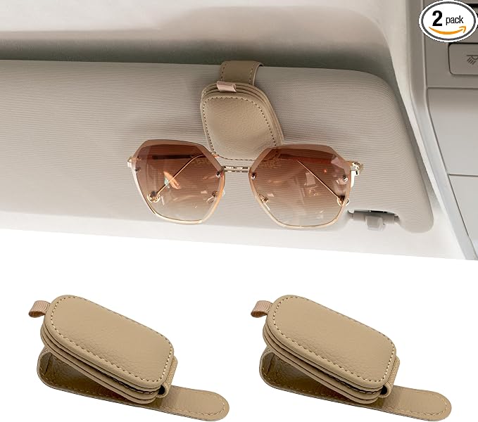 Magnetic Leather Sunglasses Holder for Car, 2 Packs (Beige) | Magnetic Car Visor Accessories