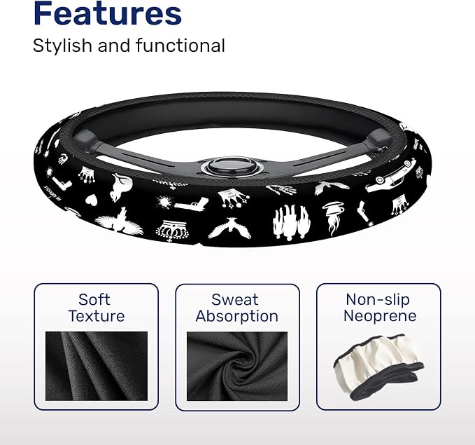 Black Mystic Symbols and Script Steering Wheel Cover, Non-Slip Polyester Wheel Protector, Universal 15 Inch