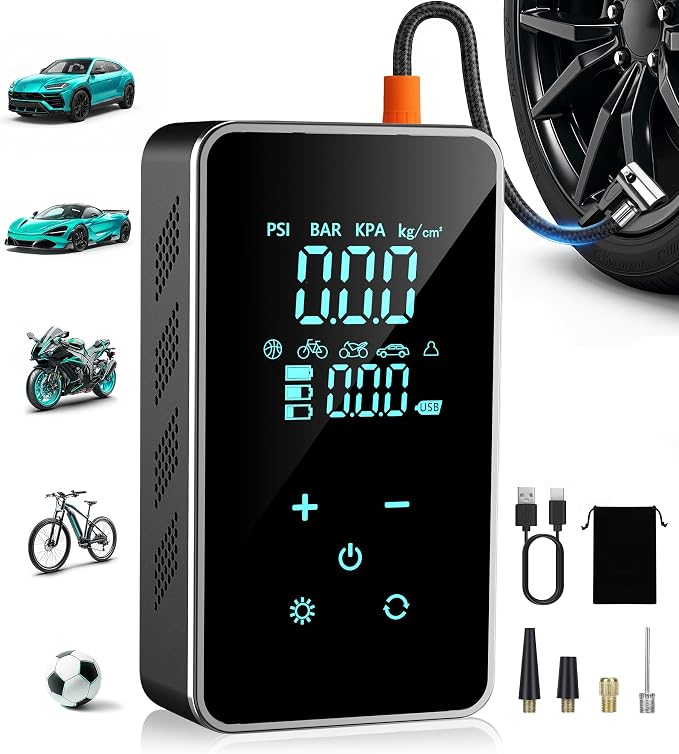 Tire Inflator Portable Air Compressor, 150 PSI Cordless Air Pump for Car Tires, Bike Pump with Tire Pressure Gauge, LED Light, Digital Touch Screen for Car, Motorcycle, Bicycle, Balls