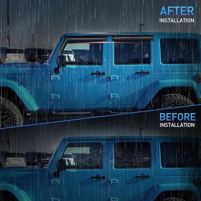 Window Rain Guards for Jeep Wrangler JK 2007 2008 2009 2010 2011 2012 2013 2014 2015 2016 2017 2018, Window Wind Deflectors Vent Visors, Tape on-4PCS