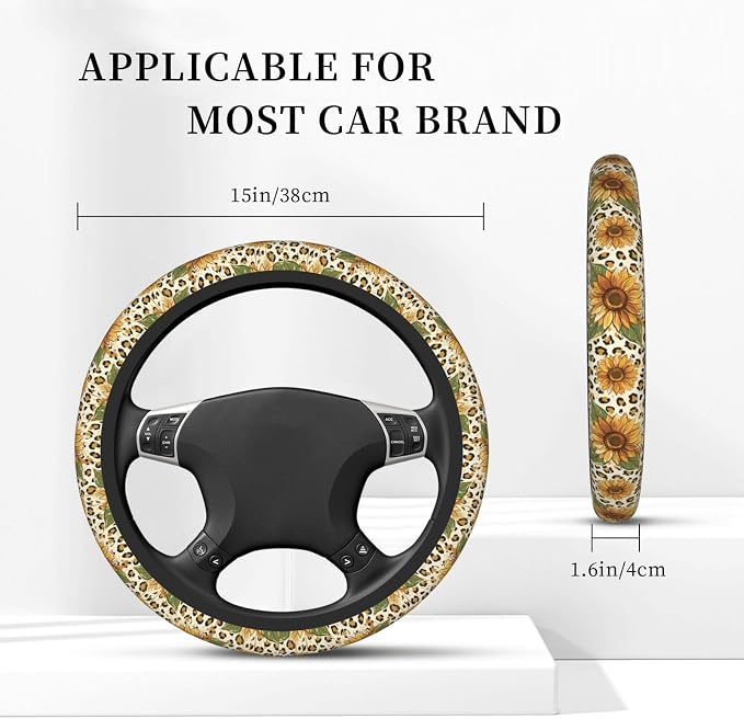 Sunflower Leopard Print Steering Wheel Cover, 15 Inch Universal Fit Neoprene Car Protector, Anti-Slip & Durable Auto Interior Accessory for Men and Women