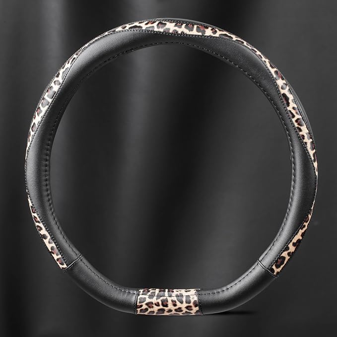 Steering Wheel Cover - Flat Bottom Wheel Cover Made with PVC Leather and Leopard Fabric - Universal Fit for 15-Inch D-Shaped Automotive Steering Wheels (Black Color)