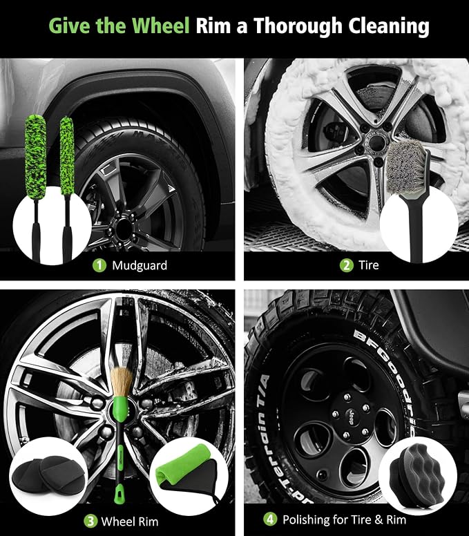 8PCS Ultimate Wheel and Tire Brush Kit | 2-Size 360° Bendable Rim Brushes, Boar Hair Detailing Brush, Tire Shine Applicators & Microfiber Towel | Complete Scratch-Free Cleaning & Shining Set
