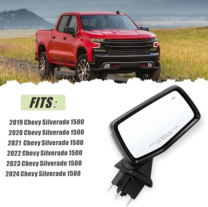 Right Passenger Side Mirror Compatible with 2019-2025 Chevy Silverado 1500 With Power Glass Manual Folding Temperature Sensor Turn signal Heated Blind Spot Black Replace#GM1321586(9Pins)