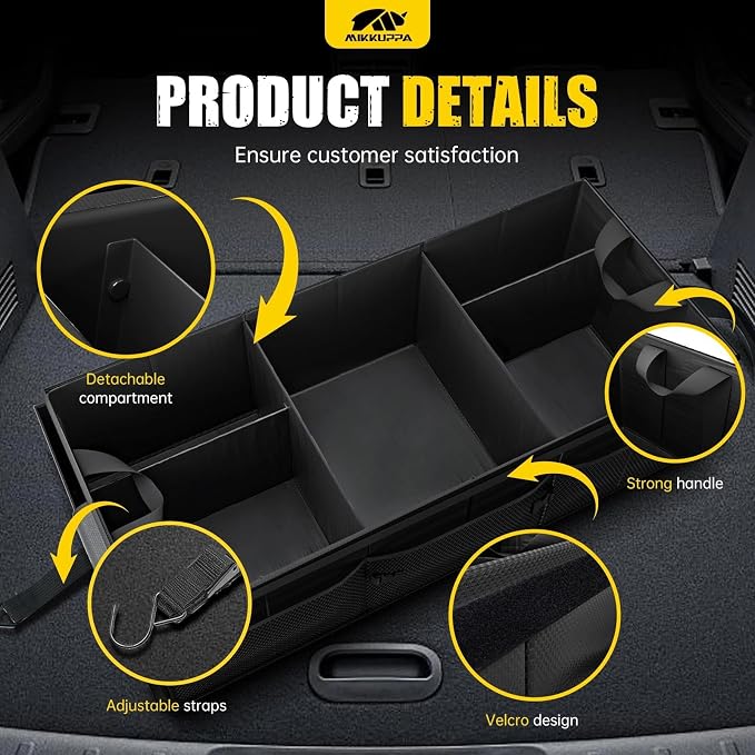Car Trunk Organizer - 95L Collapsible Trunk Organizer with Lid, Sturdy Car Storage for SUV Auto Truck Van with Adjustable Straps and Non Slip Bottom (Black, XX-Large)