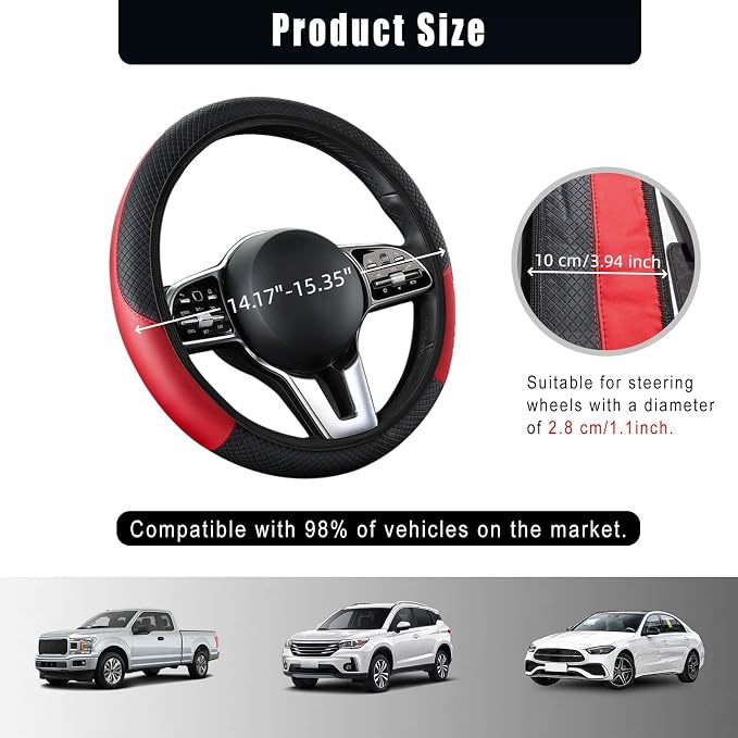 Leather Car Steering Wheel Cover, 15 Inch Anti-Slip Carbon Fiber Black Steering Wheel Cover, Universal Car Interior Accessories for Trucks Sedans SUVs (AD-Black & Red)
