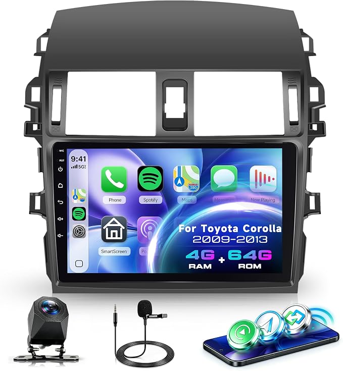 4G+64G Android 15 Car Stereo for Toyota Corolla 2009-2013, 9" IPS Touch Screen Car Radio with Wireless Carplay Android Auto GPS/32 EQ/Bluetooth 5.0/5Ghz WiFi/AHD Backup Camera/SWC