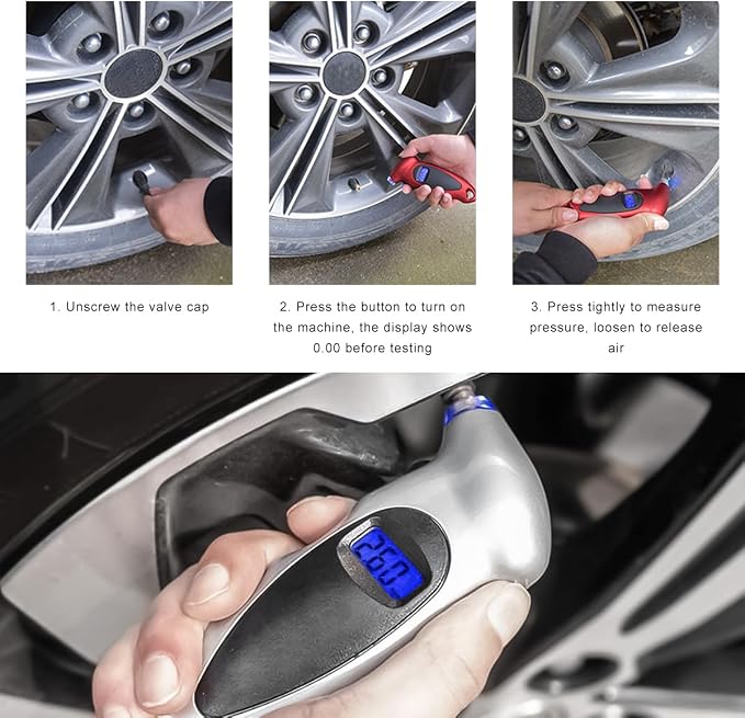 Digital Tire Pressure Gauge, 150PSI 4 Settings High Accuracy Tire Gauge with Backlit LCD and Non-Slip Grip, Easy to Read Air Pressure Gauge for Cars, Trucks and Bicycles (Silver)