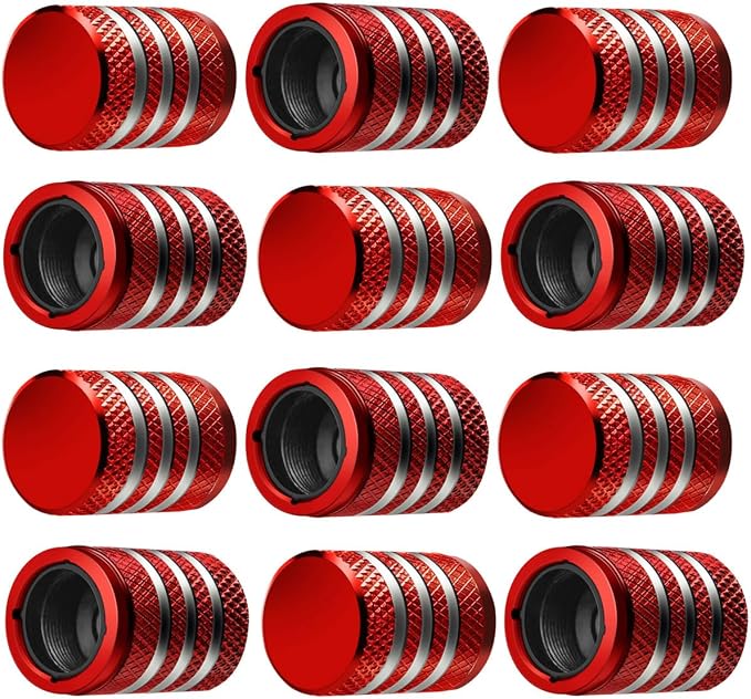 Tire Valve Stem Cap Cover - (12 Pack) Tire Air Caps Metal with Plastic Liner Corrosion Resistant Leak-Proof for Car Truck Motorcycle SUV and Bike Red