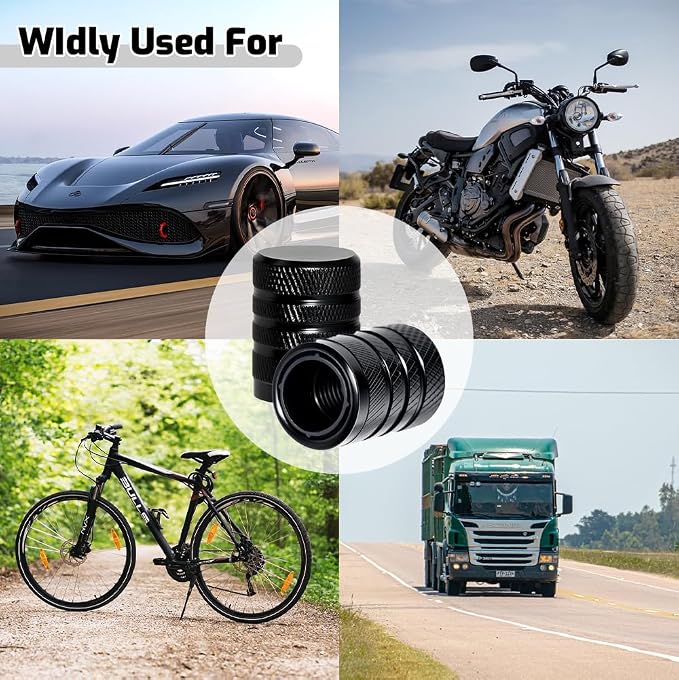 4-Piece Black Anodized Aluminum-Plastic Composite Tire Valve Stem Caps with Integrated Plastic Sleeve,Corrosion-Resistant and Universal Fit,Suitable for Cars, Trucks, and Motorcycles(Black)