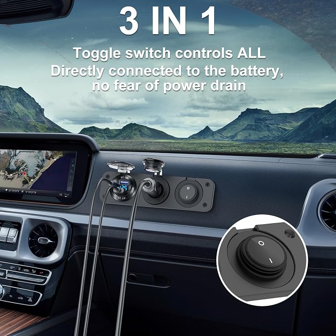 12V USB Outlet Boat Accessories Marine Switch Panel Plug, PD3.0 and Dual QC3.0 USB Ports Aluminum Car Charger with Voltmeter, Lighted 150W Cigarette Lighter Socket and Toggle Switch 3 in 1 DIY Kit
