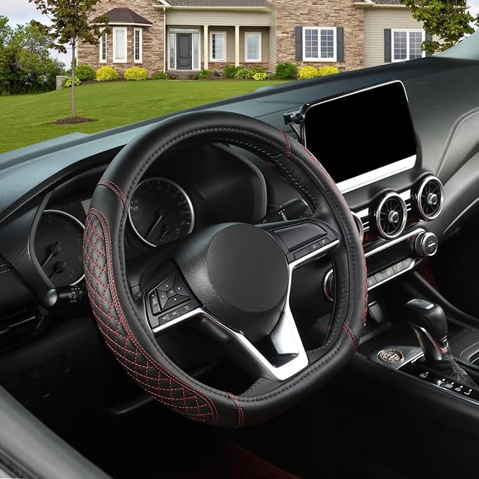 Flat Bottom Car Steering Wheel Cover for Nissan,D Shaped Steering Wheel Cover for Rogue,Altima,Kicks (Diamond Quilted-Black+Red-Standard Size)