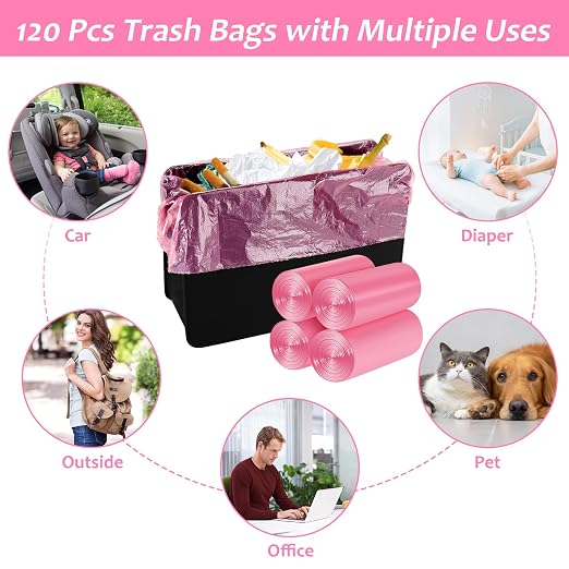 Mini Car Trash Can Bags for Auto Trash Bin, 120 Count Small Garbage Organizer Bags Tear-Resistant, Liner Refills (Vehicle Trash Can is not Included), Pink