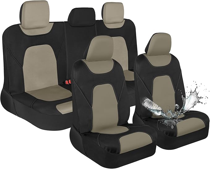 Waterproof Car Seat Covers Full Set – Black & Beige Seat Covers for Car Front & 60/40 Split Back Bench - Carseat Cover for Trucks, SUV - Universal Fit for Most Regular Size Vehicles
