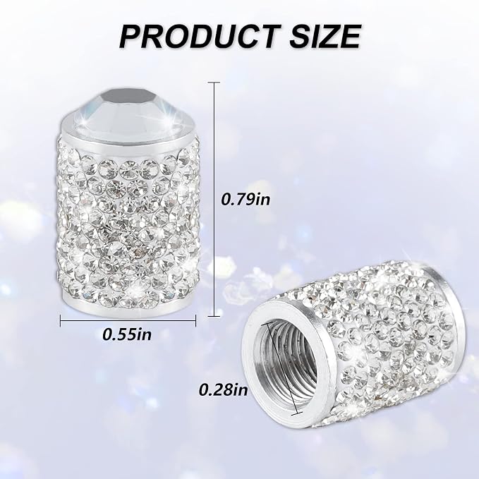 Car Wheel Tire Valve Caps, 4 PCS Bling Tire Valve Caps, Crystal Tire Caps Shinny Rhinestone for Women, Universal Car Dustproof Tire Valve Caps for Cars, Trucks, SUV and Motorcycles (White)