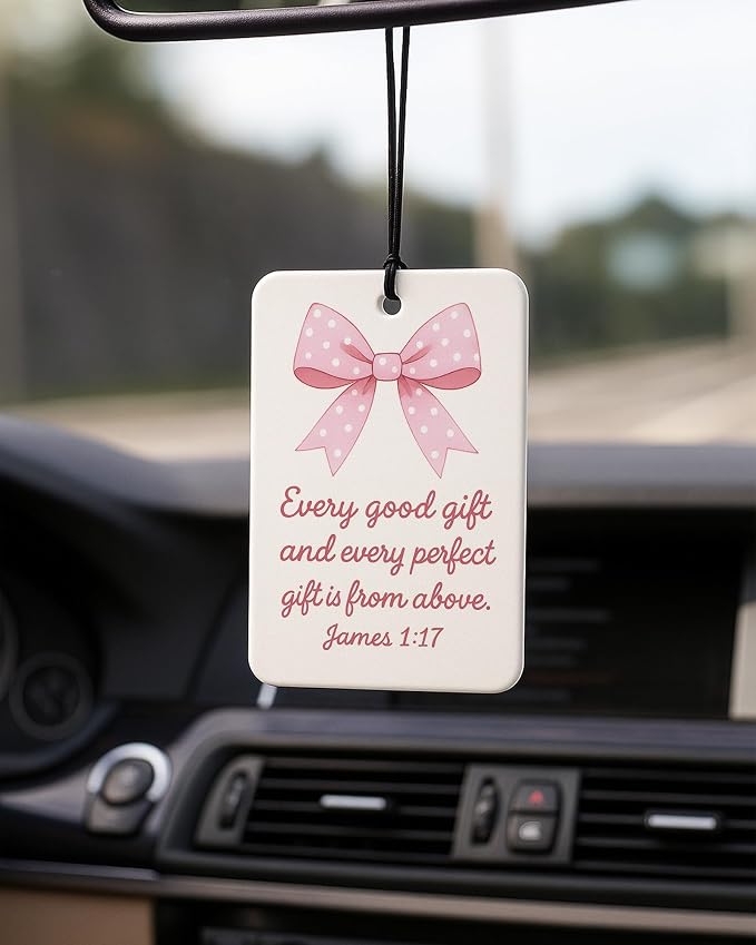 Coquette Pink Bow Christian Car Air Freshener 4 Pcs Coconut Scented, Girly Religious Car Accessories Mirror Decor for Women, Cute Scripture Hanging Air Freshener for Cars Closet Drawer Books
