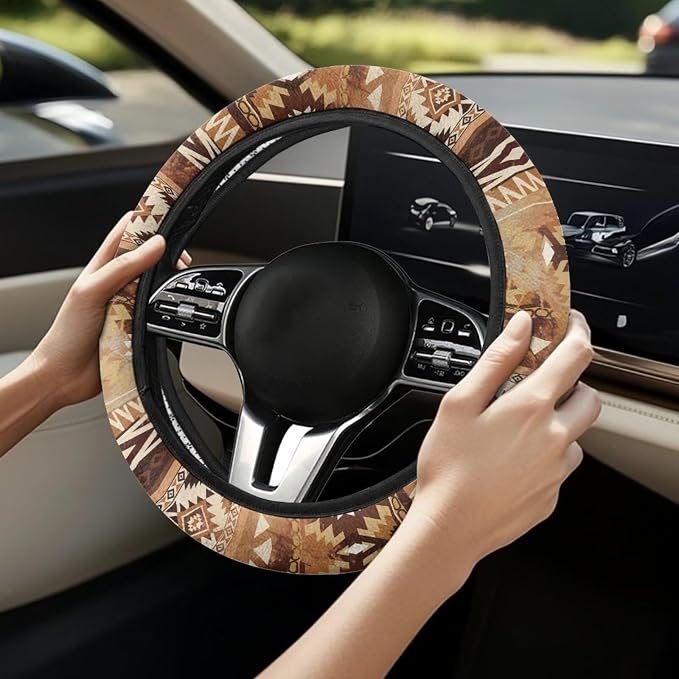 Auto Steering Wheel Cover Universal Stretch 15 Inch Anti-Slip Neoprene Car Steering Wheel Protector for Women Men, Aztec Navajo Geometric Brown