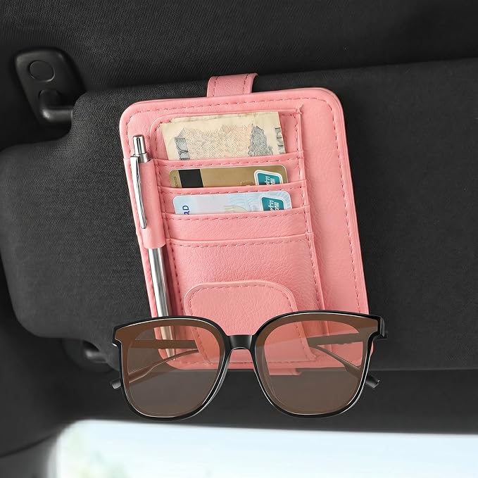 Sunglass Holder for Car Visor, Multi-Pocket Leather Car Sun Visor Organizer with Ticket Pens Card Clip, Sunglasses Holders,Suitable for All Size Eyeglasses,Car Accessories Keep Tidy (Pink)