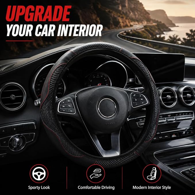 Car Steering Wheel Cover 15 inch, Microfiber PU Leather Elastic Steering Wheel Protector, Anti-Slip Breathable Car Interior Accessories for Most Cars (Black)