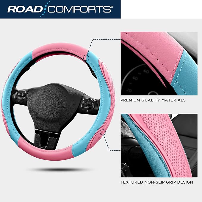 Car Steering Wheel Cover - Microfiber Leather Steering Wheel Wrap Sports 14.5-15 Inch Steering Wheel Cover Non-Slip for Men Women Pink & Blue Color