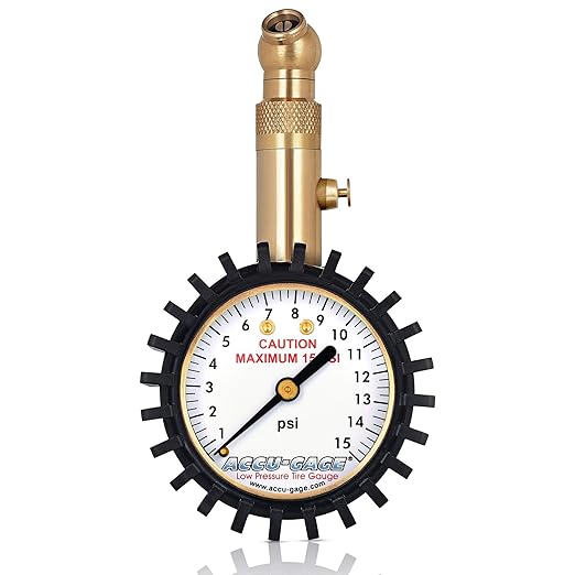 Low Pressure Tire Gauge with Protective Rubber Guard, Angled Chuck, 15psi